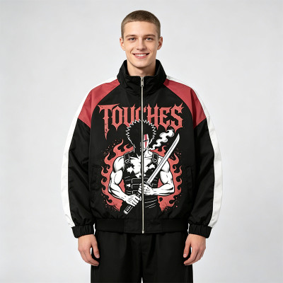 Patchwork Anime Graphic Screen Print Windbreaker | Color Block Streetwear Zip Up Jacket | Custom Streetwear