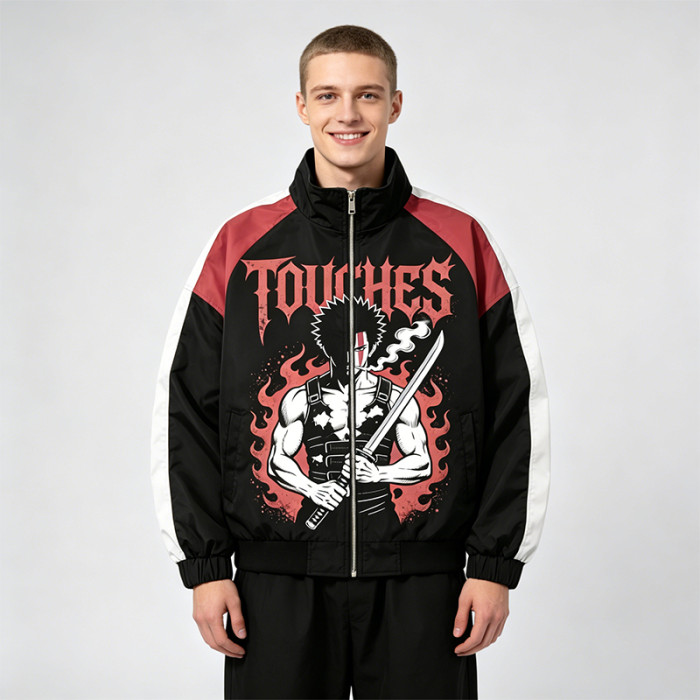 Patchwork Anime Graphic Screen Print Windbreaker | Color Block Streetwear Zip Up Jacket | Custom Streetwear