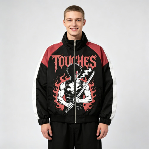 Patchwork Anime Graphic Screen Print Windbreaker | Color Block Streetwear Zip Up Jacket | Custom Streetwear