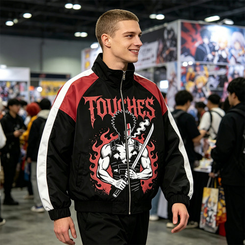Patchwork Anime Graphic Screen Print Windbreaker | Color Block Streetwear Zip Up Jacket | Custom Streetwear