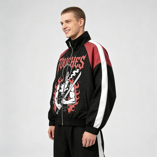 Patchwork Anime Graphic Screen Print Windbreaker | Color Block Streetwear Zip Up Jacket | Custom Streetwear