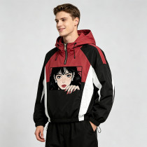 Patchwork Screen Print Applique Anime Girl Jacket | Color Block Hooded Half Zip Jacket | OEM Streetwear