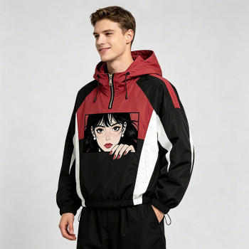 Patchwork Screen Print Applique Anime Girl Jacket | Color Block Hooded Half Zip Jacket | OEM Streetwear
