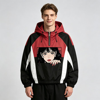 Patchwork Screen Print Applique Anime Girl Jacket | Color Block Hooded Half Zip Jacket | OEM Streetwear