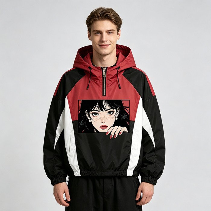 Patchwork Screen Print Applique Anime Girl Jacket | Color Block Hooded Half Zip Jacket | OEM Streetwear