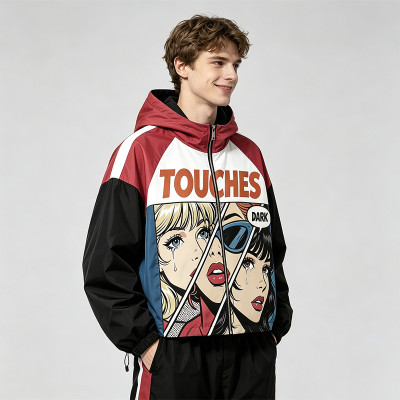 Screen Print Color Block Patchwork Jacket | Anime Pop Art Hooded Streetwear | Clothing Manufacturer