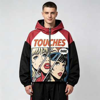 Screen Print Color Block Patchwork Jacket | Anime Pop Art Hooded Streetwear | Clothing Manufacturer