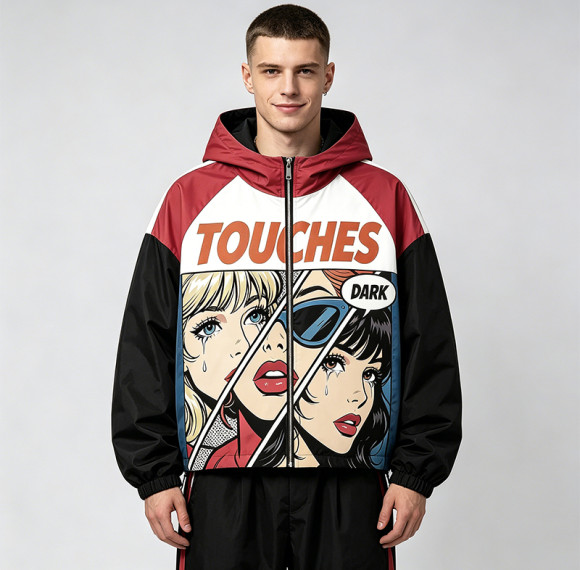 Screen Print Color Block Patchwork Jacket | Anime Pop Art Hooded Streetwear | Clothing Manufacturer