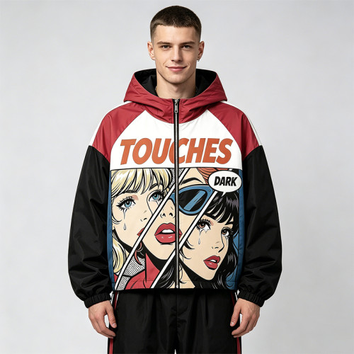 Screen Print Color Block Patchwork Jacket | Anime Pop Art Hooded Streetwear | Clothing Manufacturer