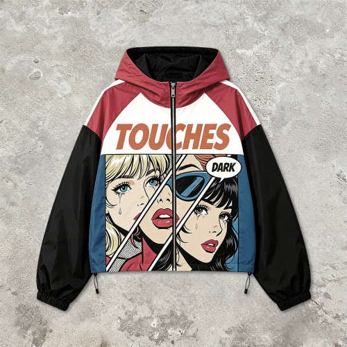 Screen Print Color Block Patchwork Jacket | Anime Pop Art Hooded Streetwear | Clothing Manufacturer