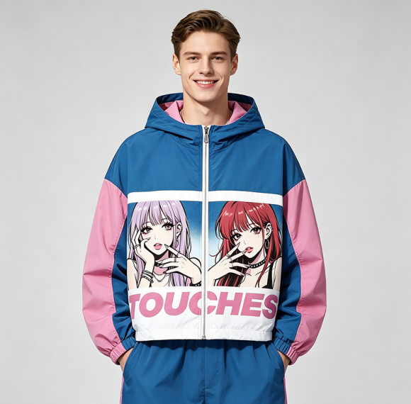DTG Screen Print Color Block Patchwork Anime Hooded Jacket | Two-Side Reversible Cartoon Streetwear | Custom Streetwear