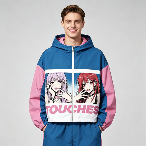 DTG Screen Print Color Block Patchwork Anime Hooded Jacket | Two-Side Reversible Cartoon Streetwear | Custom Streetwear