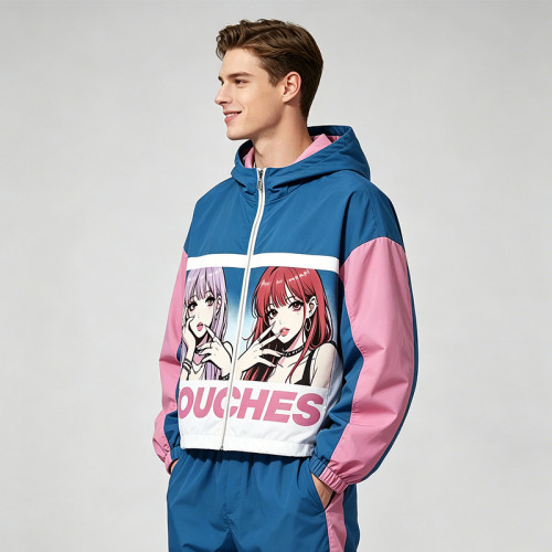 DTG Screen Print Color Block Patchwork Anime Hooded Jacket | Two-Side Reversible Cartoon Streetwear | Custom Streetwear