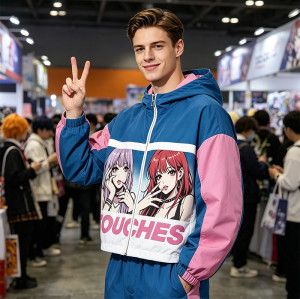 DTG Screen Print Color Block Patchwork Anime Hooded Jacket | Two-Side Reversible Cartoon Streetwear | Custom Streetwear