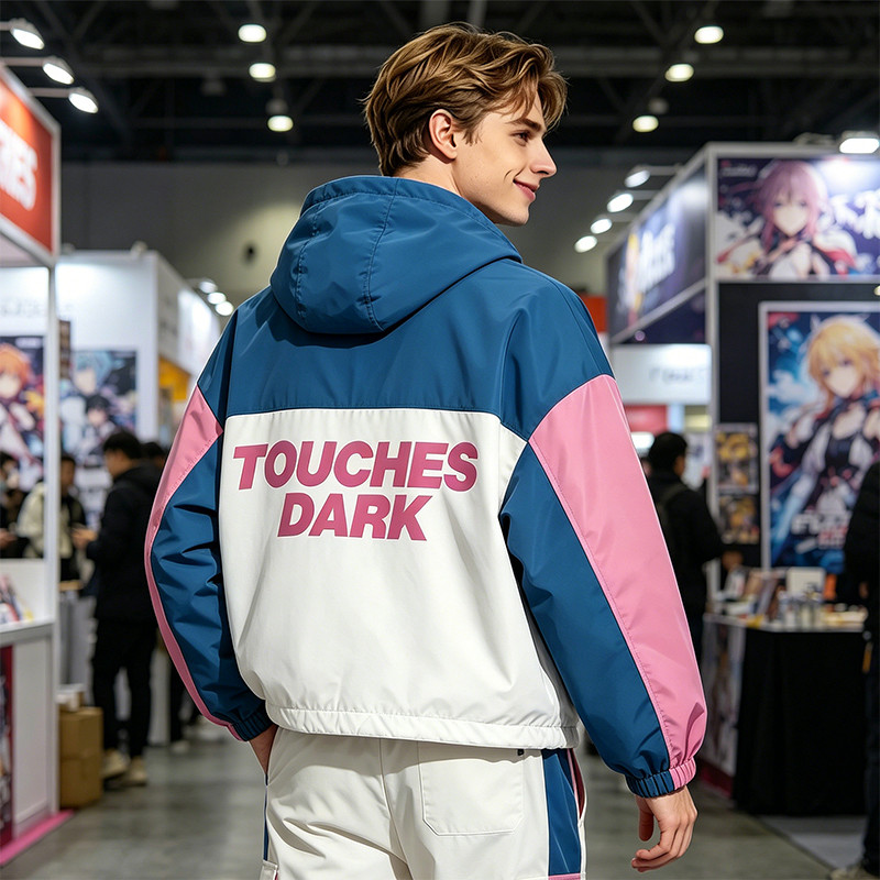 DTG Screen Print Color Block Patchwork Anime Hooded Jacket