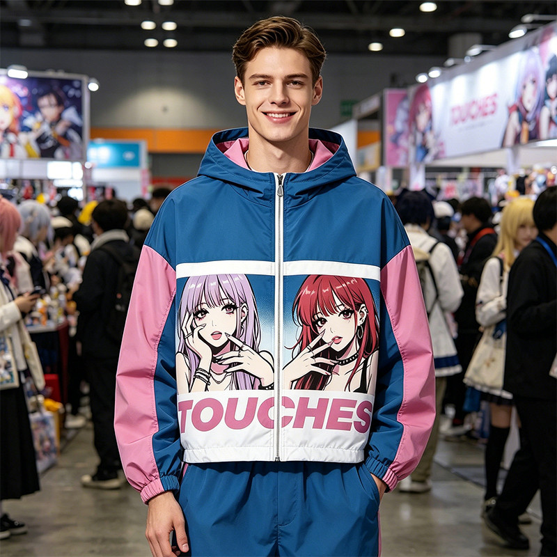 DTG Screen Print Color Block Patchwork Anime Hooded Jacket