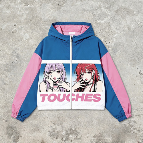 DTG Screen Print Color Block Patchwork Anime Hooded Jacket | Two-Side Reversible Cartoon Streetwear | Custom Streetwear