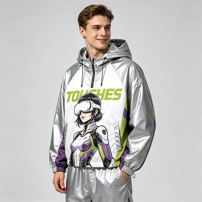 Patchwork Color Block Screen Print Anime Jacket | Metallic Silver Hooded Jacket | OEM Streetwear