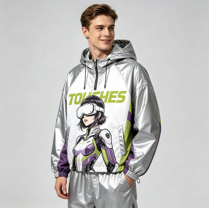 Patchwork Color Block Screen Print Anime Jacket | Metallic Silver Hooded Jacket | OEM Streetwear