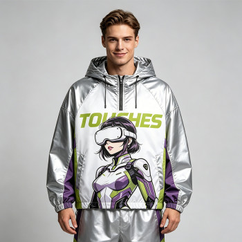 Patchwork Color Block Screen Print Anime Jacket | Metallic Silver Hooded Jacket | OEM Streetwear