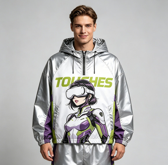 Patchwork Color Block Screen Print Anime Jacket | Metallic Silver Hooded Jacket | OEM Streetwear
