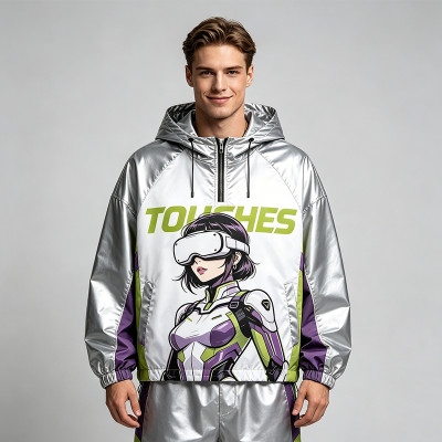 Patchwork Color Block Screen Print Anime Jacket | Metallic Silver Hooded Jacket | OEM Streetwear