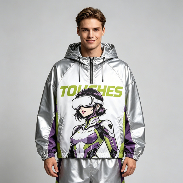 Patchwork Color Block Screen Print Anime Jacket | Metallic Silver Hooded Jacket | OEM Streetwear