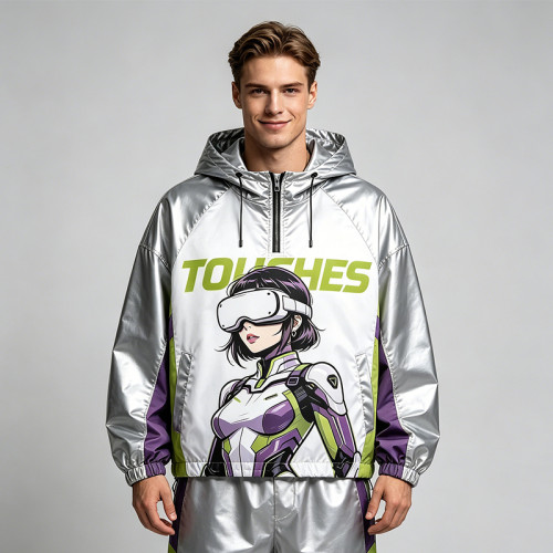 Patchwork Color Block Screen Print Anime Jacket | Metallic Silver Hooded Jacket | OEM Streetwear