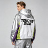 Patchwork Color Block Screen Print Anime Jacket | Metallic Silver Hooded Jacket | OEM Streetwear