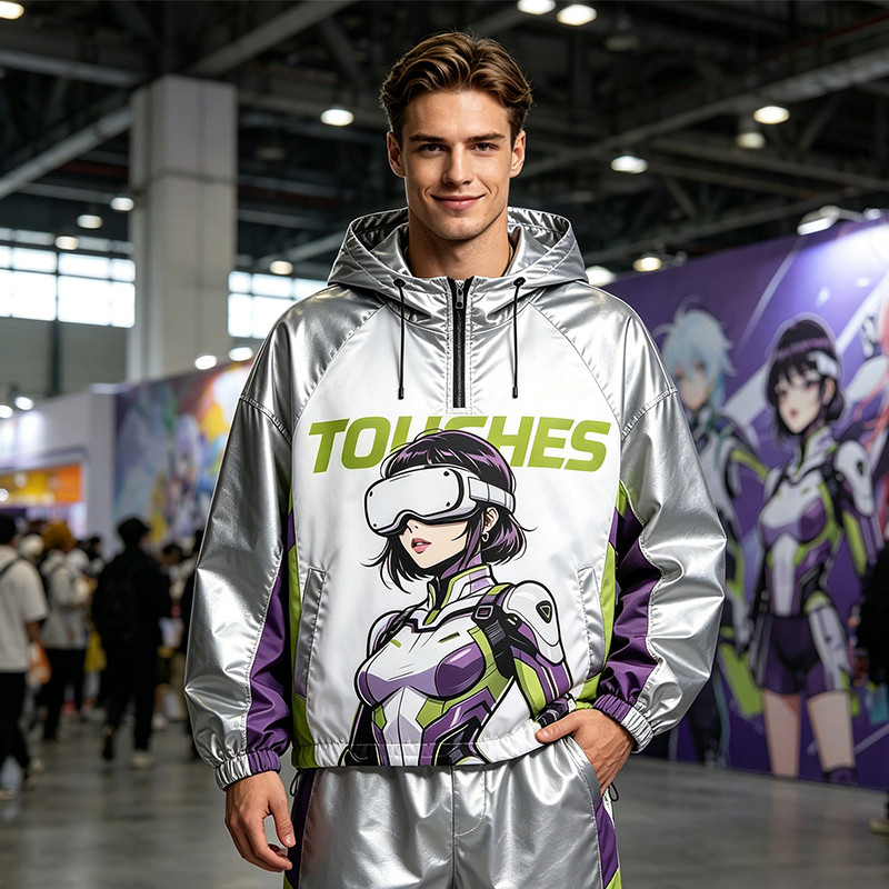 Patchwork Color Block Screen Print Anime Jacket 