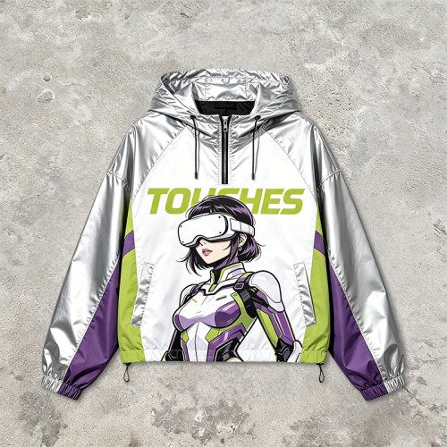 Patchwork Color Block Screen Print Anime Jacket | Metallic Silver Hooded Jacket | OEM Streetwear