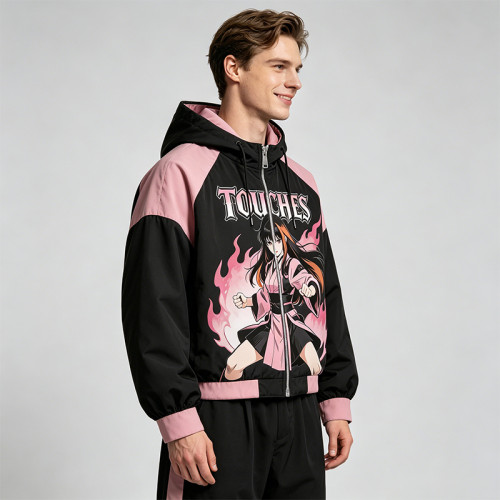 Screen DTG Print Patchwork Anime Hooded Jacket | Cropped Streetwear Jacket | Custom Streetwear Manufacturer