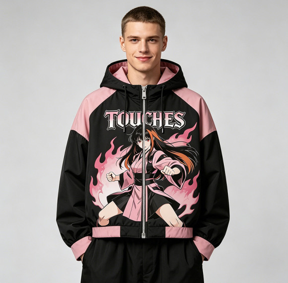Screen DTG Print Patchwork Anime Hooded Jacket | Cropped Streetwear Jacket | Custom Streetwear Manufacturer