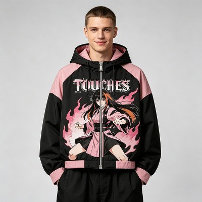 Screen DTG Print Patchwork Anime Hooded Jacket | Cropped Streetwear Jacket | Custom Streetwear Manufacturer