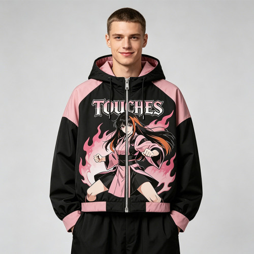 Screen DTG Print Patchwork Anime Hooded Jacket | Cropped Streetwear Jacket | Custom Streetwear Manufacturer