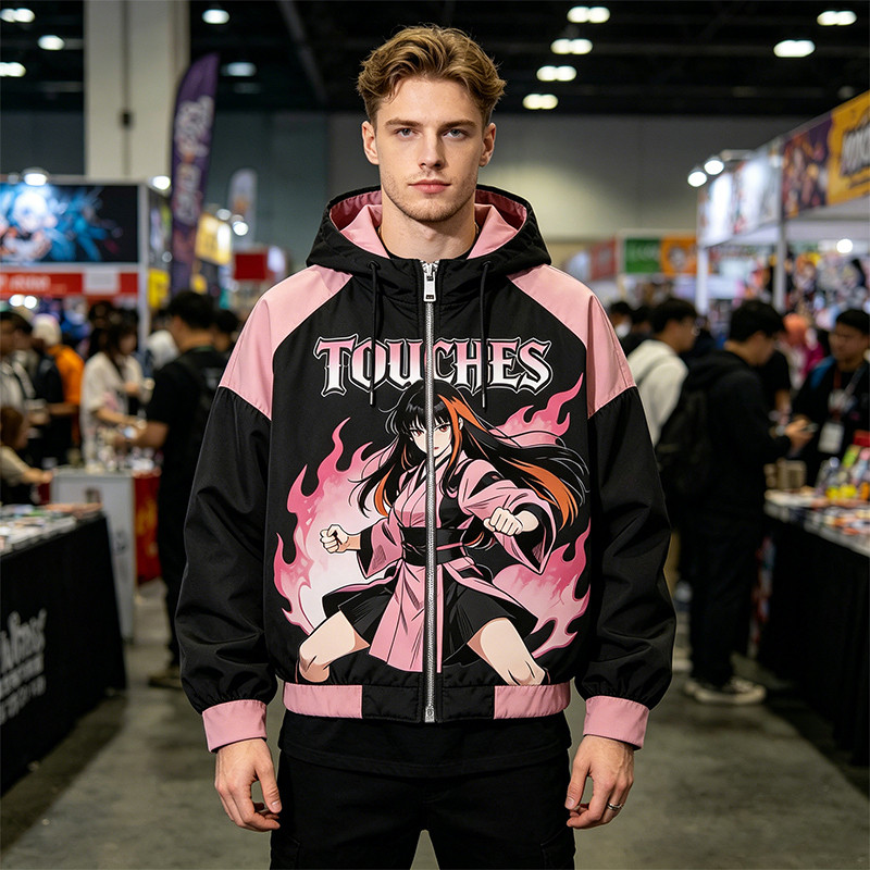 Screen DTG Print Patchwork Anime Hooded Jacket