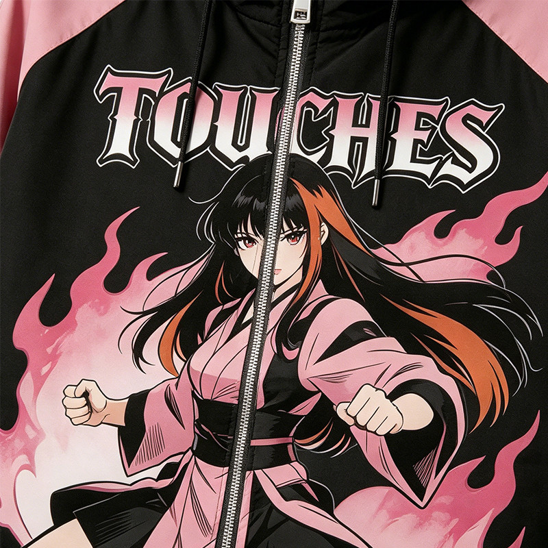 Screen DTG Print Patchwork Anime Hooded Jacket