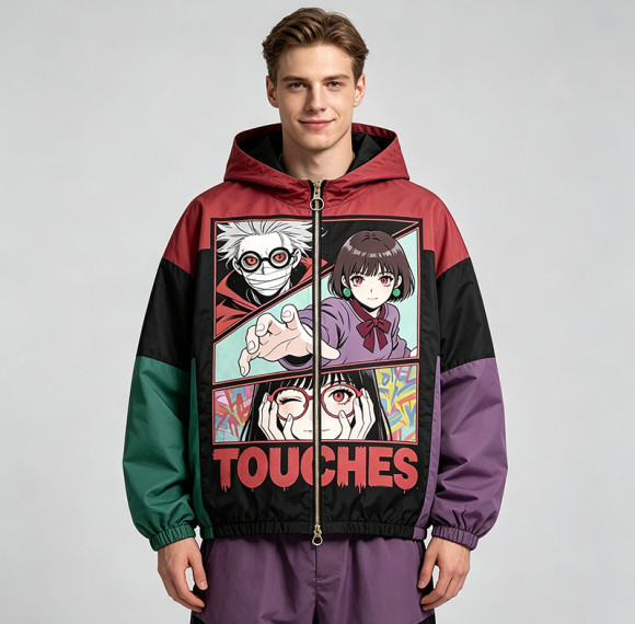 Screen Print DTG Patchwork Color Block Anime Jacket | Anime Harajuku Style | Custom Streetwear Manufacturer