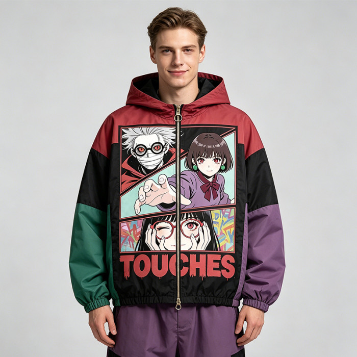 Screen Print DTG Patchwork Color Block Anime Jacket | Anime Harajuku Style | Custom Streetwear Manufacturer