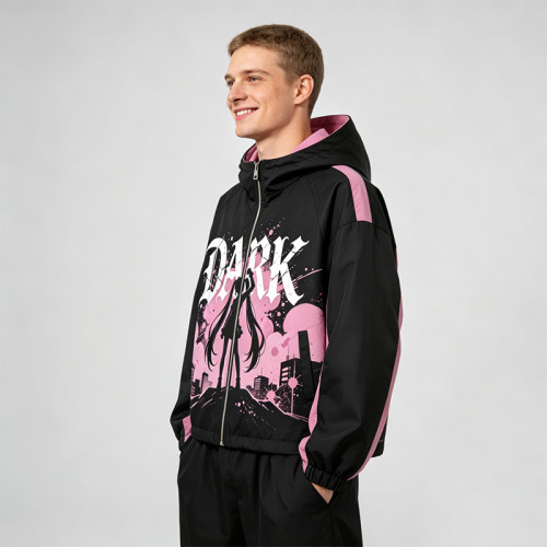 Screen Print Color Block Patchwork Anime Jacket | Hooded Zip Up Streetwear Jacket | Custom Streetwear