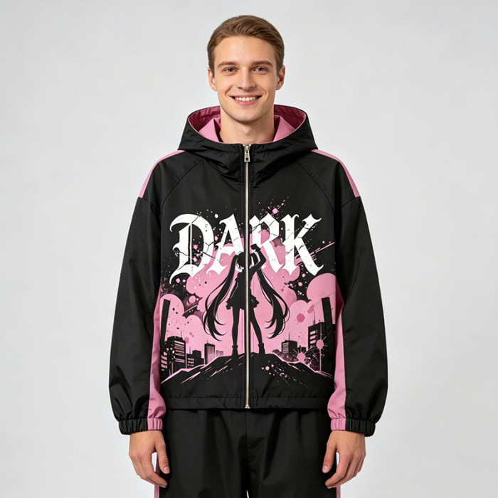 Screen Print Color Block Patchwork Anime Jacket | Hooded Zip Up Streetwear Jacket | Custom Streetwear
