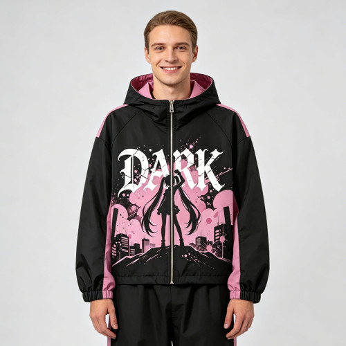Screen Print Color Block Patchwork Anime Jacket | Hooded Zip Up Streetwear Jacket | Custom Streetwear