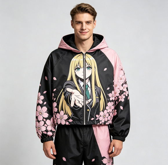 Screen Patchwork DTG Print Anime Cropped Hooded Jacket | Cherry Blossom Streetwear | Streetwear Manufacturer