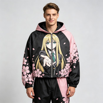 Screen Patchwork DTG Print Anime Cropped Hooded Jacket | Cherry Blossom Streetwear | Streetwear Manufacturer