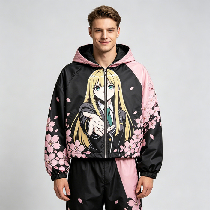 Screen Patchwork DTG Print Anime Cropped Hooded Jacket | Cherry Blossom Streetwear | Streetwear Manufacturer