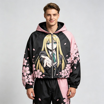 Screen Patchwork DTG Print Anime Cropped Hooded Jacket | Cherry Blossom Streetwear | Streetwear Manufacturer