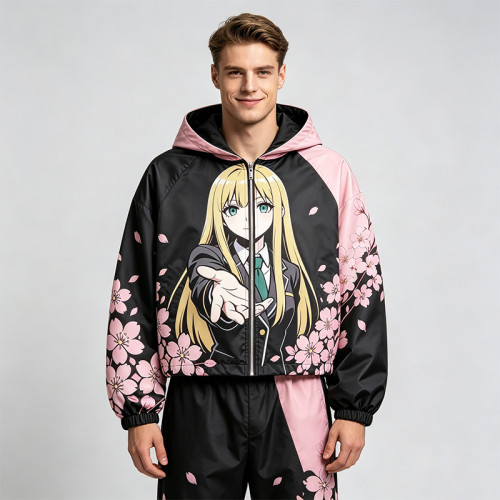 Screen Patchwork DTG Print Anime Cropped Hooded Jacket | Cherry Blossom Streetwear | Streetwear Manufacturer