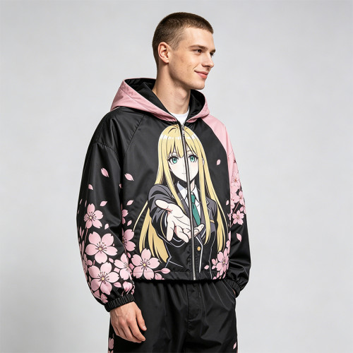 Screen Patchwork DTG Print Anime Cropped Hooded Jacket | Cherry Blossom Streetwear | Streetwear Manufacturer