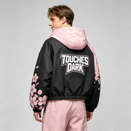 Screen Patchwork DTG Print Anime Cropped Hooded Jacket | Cherry Blossom Streetwear | Streetwear Manufacturer