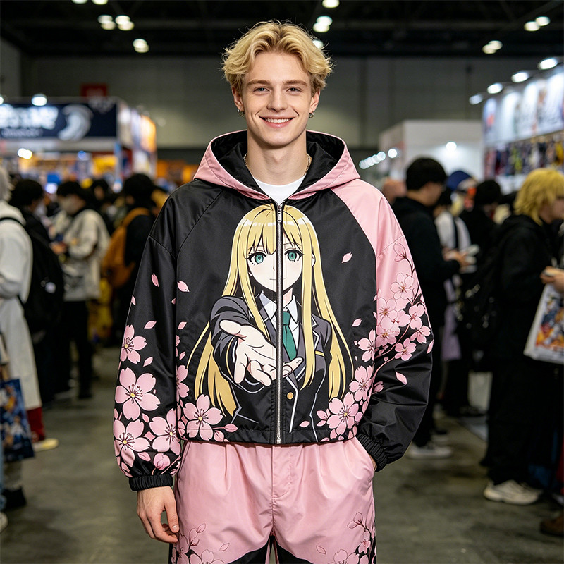 Screen Patchwork DTG Print Anime Cropped Hooded Jacket